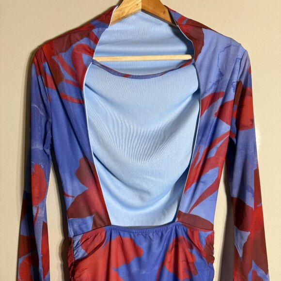 ASOS High Neck Backless Floral Mesh Mini Dress Women's 6 Blue Red Going Out NWT - Picture 13 of 16